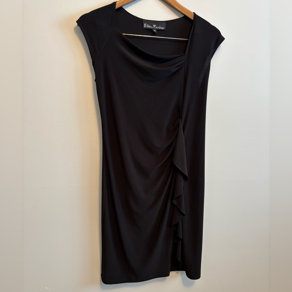 Ellen Parker Vintage Cap Sleeve Sheath Ruffle Silky Stretchy Mini Dress Black - Picture 1 of 10